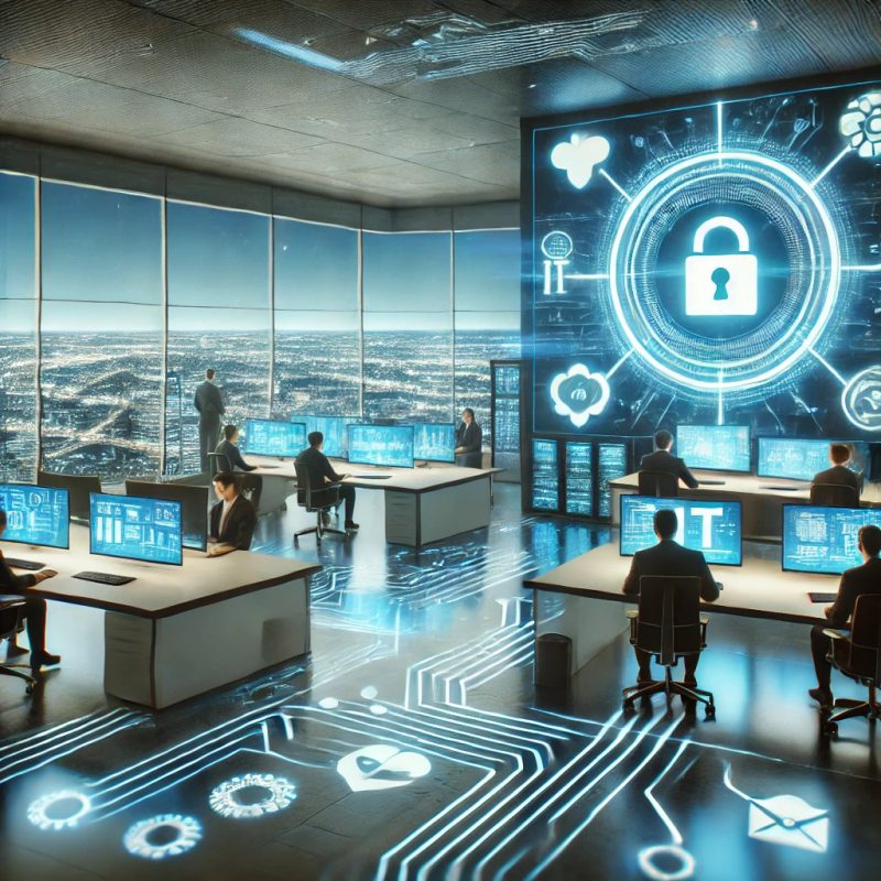 Modernes IT-Büro mit holografischen Icons und Mitarbeitern an Arbeitsplätzen, zukunftsorientierte IT-Lösungen in Fulda.